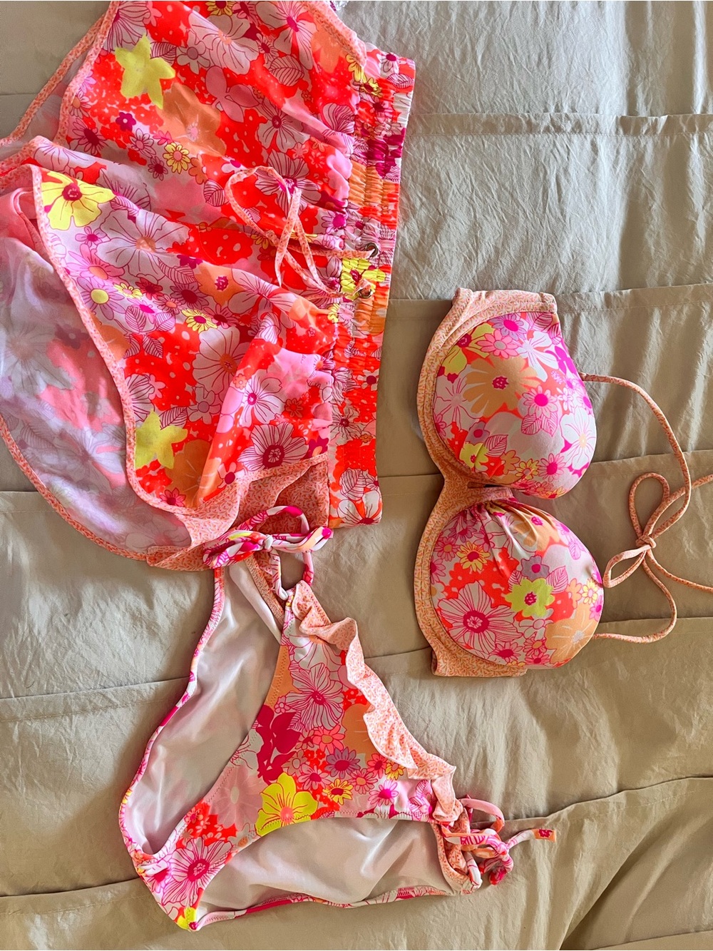 Victoria's secret three piece bikini pink orange